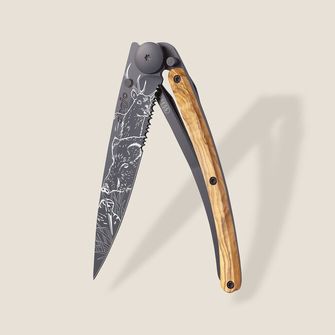 Deejo składany nóż Tattoo Serration olive wood Hunting Scene