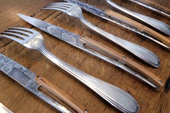 Deejo zestaw 6 noży stekowych, błyszczące  ostrze, drewno oliwkowe, design Art Deco