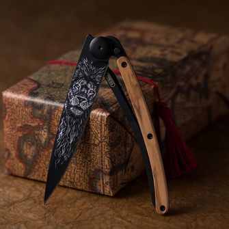Deejo składany nóż Tattoo Black juniper wood Lion