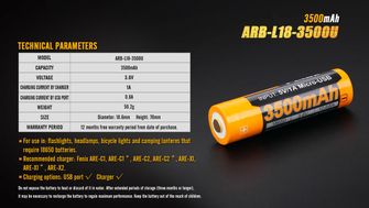 Fenix akumulator 18650, 3500 mAh, USB, Li-ion