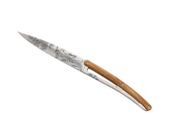 Deejo składany nóż Tattoo, zestaw noży do steków, błyszcząca powierzchnia, drewno oliwkowe, Toile de Jouy