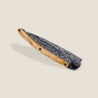Deejo nóż składany Black tattoo, olive wood, Wood Pacific
