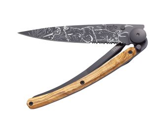 Deejo składany nóż Tattoo Serration olive wood Hunting Scene