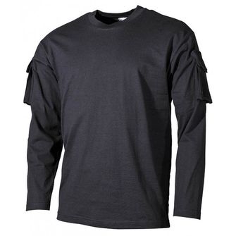 MFH US czarna koszulka z długim rękawem z kieszeniami velcro na rękawach, 170g/m2