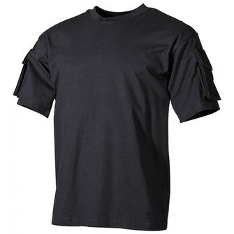MFH US czarna koszulka z kieszeniami velcro na rękawach, 170g/m2