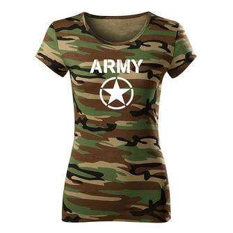 DRAGOWA krótka koszulka damska army star, kamuflażowa 150g/m2